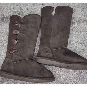 BEARPAW Lori Chocolate Brown Suede Boots Women's 6 Slip On Sheepskin NeverWet
